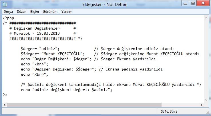 PHP de Değişken Tipleri Değişken