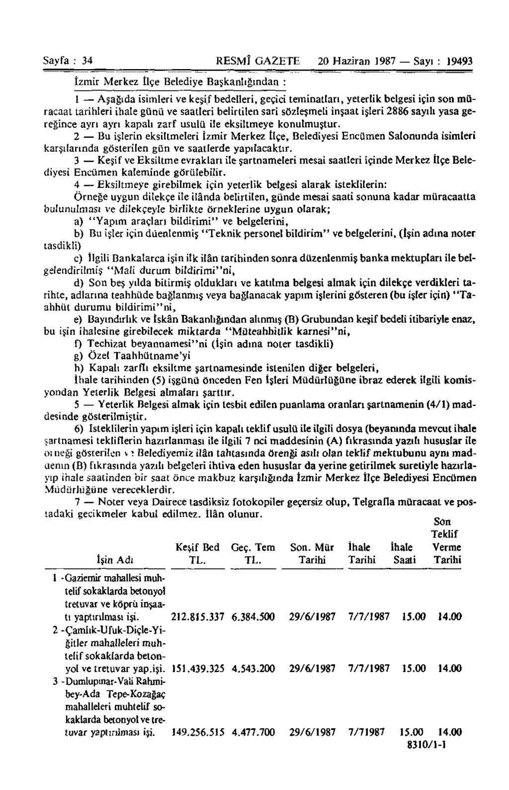 Sayfa : 34 RESMÎ GAZETE 20 Haziran 1987 Sayı : 19493 İzmir Merkez İlçe Belediye Başkanlığından : 1 Aşağıda isimleri ve keşif bedelleri, geçici teminatları, yeterlik belgesi için son müracaat
