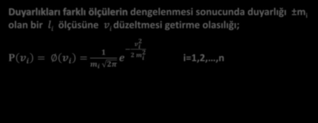 4- GAUSS EN KÜÇÜK KARELER İLKESİ Duyarlıkları farklı ölçülerin dengelenmesi sonucunda duyarlığı ±m i olan bir l i ölçüsüne v i düzeltmesi getirme olasılığı; P v i = v i = m i 1 2π e v i 2 2 m i 2