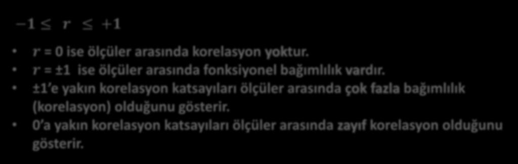 KORELASYON (Cebirsel Korelasyon) Deneysel varyansları m x 2 = V x T V x n 1 m y 2 = V y T V y n 1 Deneysel kovaryansları m xy = V x T V y n 1 Deneysel korelasyon Katsayısı r xy = m xy m x m y = V x T