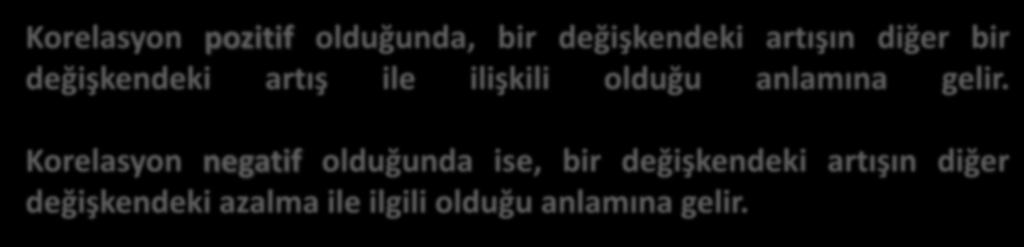 Korelasyon pozitif olduğunda, bir değişkendeki artışın diğer bir değişkendeki artış ile ilişkili olduğu anlamına gelir.