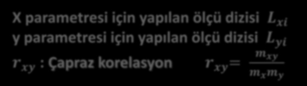 KORELASYON X parametresi için yapılan ölçü dizisi L xi y parametresi için yapılan ölçü dizisi L yi m xy r xy : Çapraz korelasyon r xy = m x m y