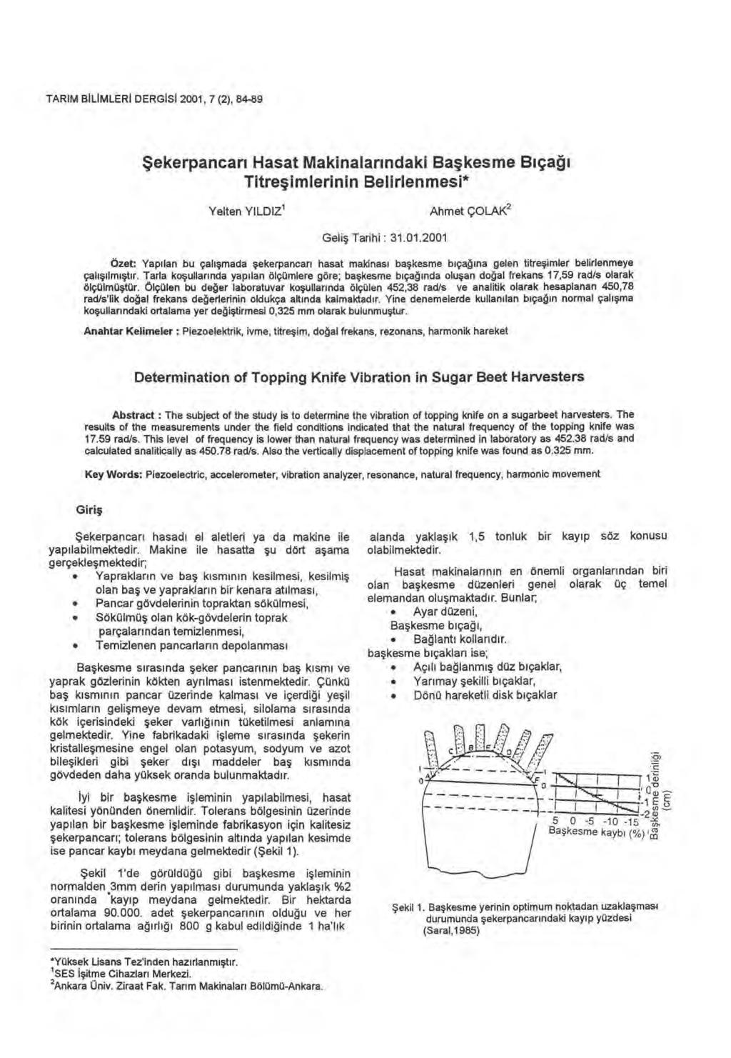 TARIMBUMLER1 DERGISI 2001, 7 (2), 84-89 Şekerpancar ı Hasat Makinalar ı ndaki Baş kesme B ı ça ğı Titreş imlerinin Belirlenmesi* Yelten YILDIZ Ahmet ÇOLAK2 Geliş Tarihi : 31.01.2001 Özet: Yap ı lan bu çal ışmada şekerpancar ı hasat makinas ı başkesme b ıçağına gelen titreşimler belirlenmeye çal ışı lm ışt ır.