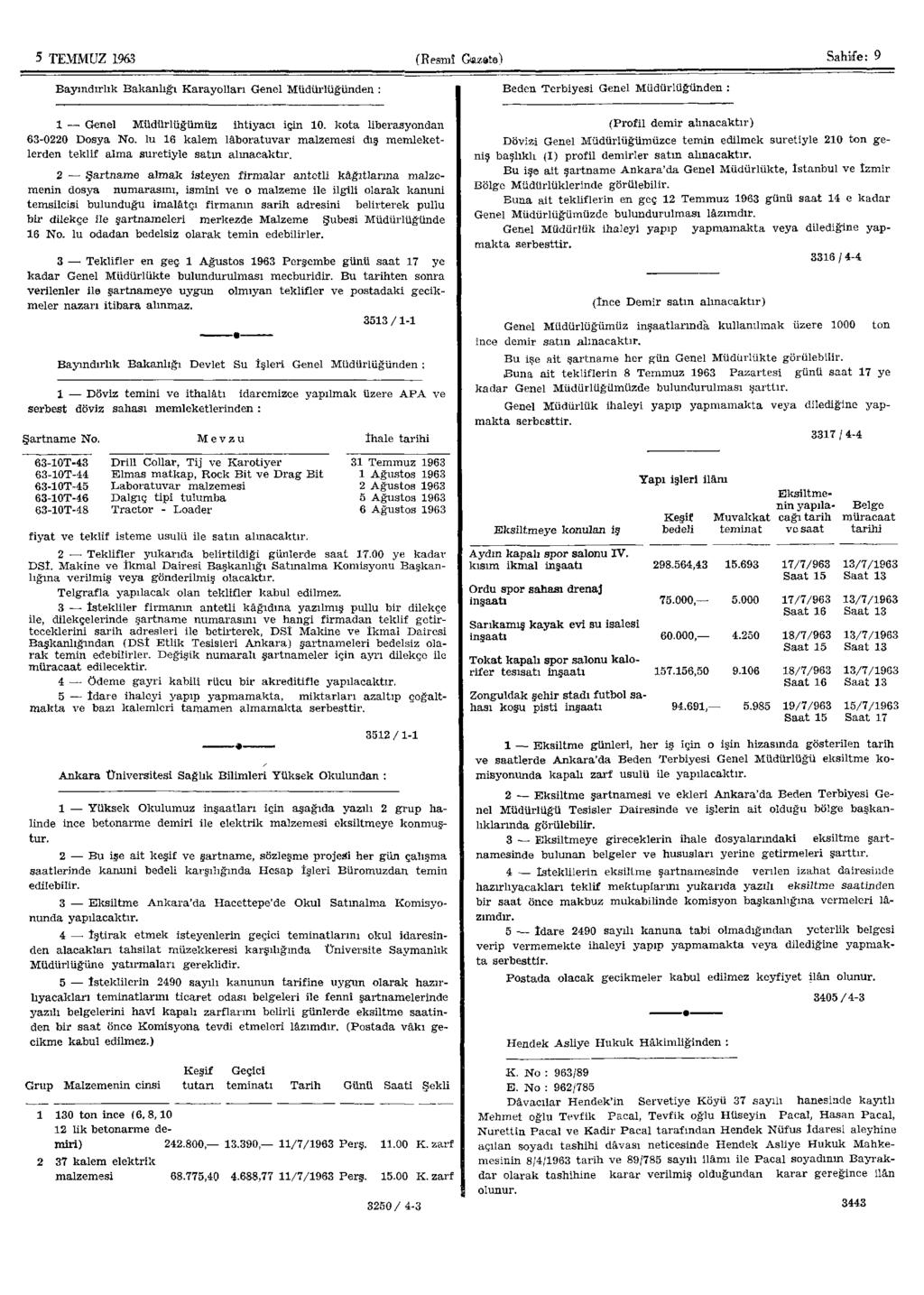 5 TEMMUZ 1963 (Resmî Gazete) Sahife: 9 Bayındırlık Bakanlığı Karayolları Genel Müdürlüğünden : Beden Terbiyesi Genel Müdürlüğünden : 1 Genel Müdürlüğümüz ihtiyacı için 10.