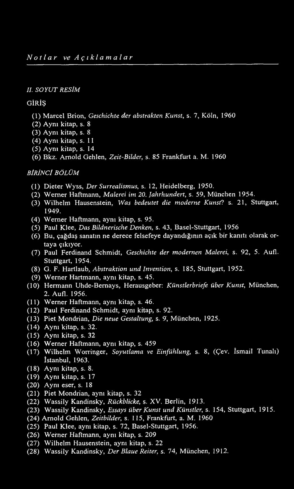 Notlar ve Açıklamalar II. SOYUT RESİM GİRİŞ (1) Marcel Brion, Geschichte der abstrakten Kunst, s. 7, Köln, 1960 (2) Aynı kitap, s. 8 (3) Aynı kitap, s. 8 (4) Aynı kitap, s. 11 (5) Aynı kitap, s.