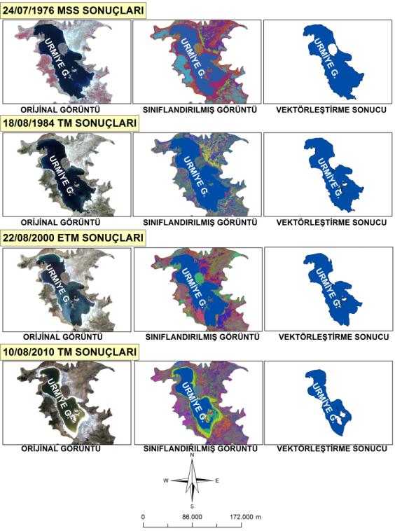 Urmiye Gölü alansal yüzey değişimleri (kontrolsüz sınıflandırma) 100 80 Değişim oranı (%) 60 40 20 0-20 -7,15 12,62-17,24-40 -35,07-60 1976-1984 1984-1998 1998-2000 2000-2010 Yıllar Urmiye Gölü