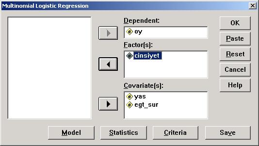 Ġsimsel Lojistik Regresyon (NLOGREG) Analizi Dependent alanına bağımlı değiģken olan oy taģınır.
