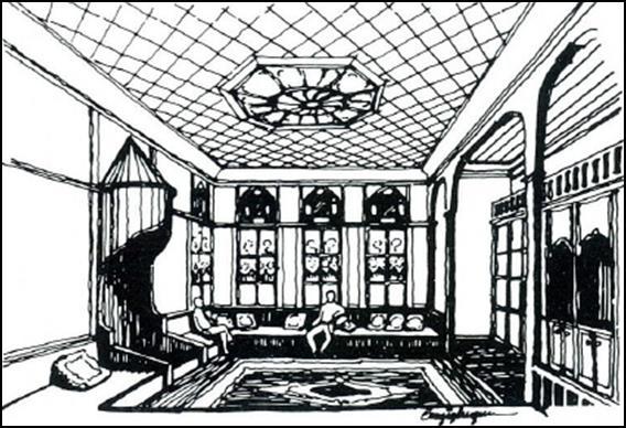 Şekil 3. Türk odasının iç düzeni (Eruzun, 1989) Hizmet alanları: Servis kısımlarının başında mutfak ve helalar gelir. Bunlar daima yan yana ve binadan ayrı bir kütle teşkil ederler.