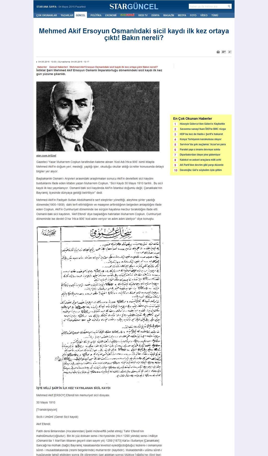 MEHMED AKIF ERSOY?UN OSMANLI?DAKI SICIL KAYDI ILK KEZ ORTAYA Ç... Portal : www.star.com.tr İçeriği : Haber Tarih : 04.05.