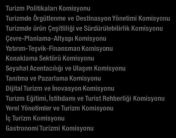 3. TURİZM ŞURASI KOMİSYONLARI Turizm Politikaları Komisyonu Turizmde Örgütlenme ve Destinasyon Yönetimi Komisyonu Turizmde ürün Çeşitliliği ve Sürdürülebilirlik Komisyonu Çevre-Planlama-Altyapı