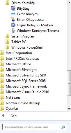 WINDOWS 7 Erişim Kolaylığı Programları Erişim kolaylığı programlarını açmak için Başlat Menüsü Tüm Programlar