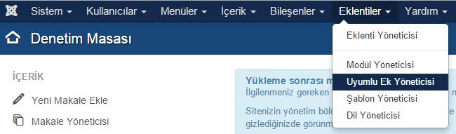 Yukardaki nesne aslında Joomla ile yüklü gelen bir uyumlu ektir adı da TinyMCE dir. Joomla da uyumlu ekleri yönetmek için Eklentiler -> Uyumlu Ek Yöneticisi yolu takip edilir.