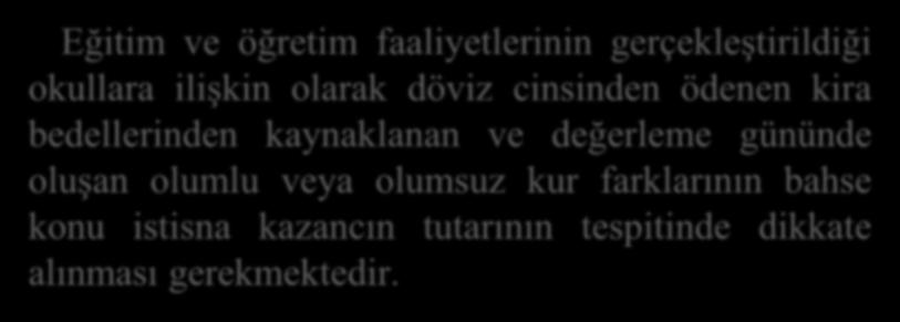 Eğitim ve öğretim faaliyetlerinin gerçekleştirildiği okullara ilişkin olarak döviz cinsinden ödenen kira bedellerinden kaynaklanan ve