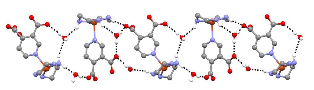 karepiramit geometrisine sahip 1 kompleksinin ekseninde ise 3,4-pydc ligantının piridin azot atomu yer almaktadır [Cu1-N5 =2,322] (Yan et al. 2009).