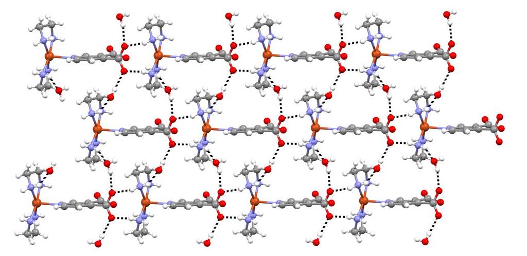 Kompleksin üç boyutlu supramolekül yapısı kompleks birimlerindeki en ligantının N-H ve 3,4- pydc ligantının karboksilat oksijen atomları ve kristal suyu molekülleri arasında meydana gelen N H O ve O