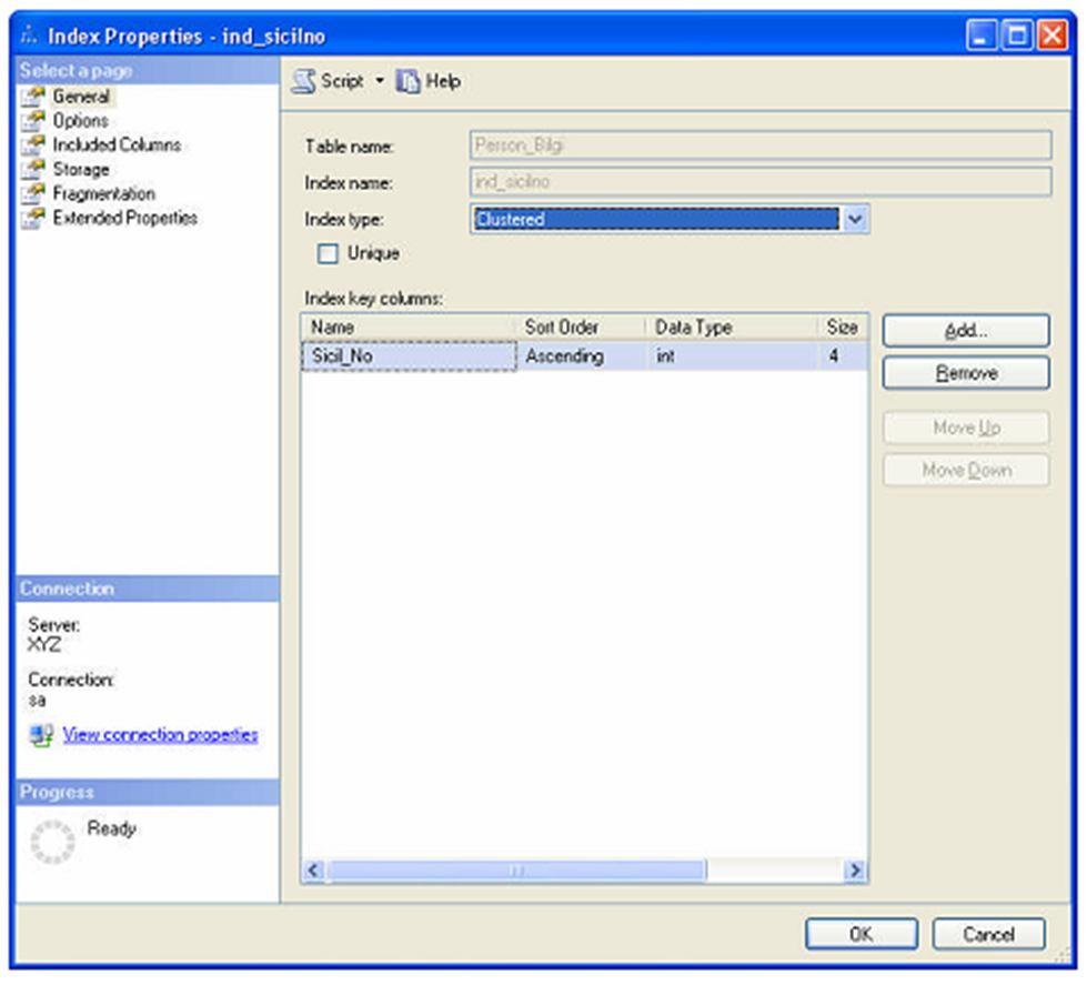 Bu pencere üzerinden indeksin tipini değiştirebilir, unique özelliği verebilir, yeni bir indeks daha ekleyebilirsiniz.