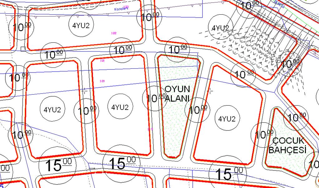 Resim 2.15: İmar planında yolların çizilmesi 2.9. İmar Ada Alanlarının Hesaplanması Çeşitli boyutlarda oluşturulan parsel hatlarının parsel alanlarını çevirmediğimizi varsayalım.