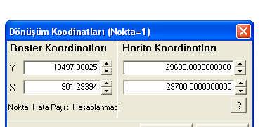 Harita koordinat kısmına gelerek gerçek koordinatları yazılır. Resim 1.10: Resim koordinatı ile gerçek koordinatları yazılması Yazılan gerçek koordinatlardan sonra enter butonuna basılır ve 1 nu.