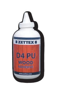 2,5kg - 5kg 10kg - 25 kg 1100 kg 250 ml 750 ml 1100 kg 250 ml 750 ml D4 PU Wood Adhesive Zettex D4 Wood Adhesive PU genel amaçlı, solvent içermeyen, tek bileşenli, suya dayanıklı ve KOMO sertifikalı