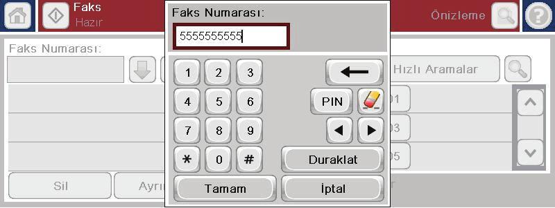 4. Klavyeyi açmak için Faks Numarası kutusuna dokunun. 5. Klavyeyi kullanarak, bir telefon numarası girin ve sonra Tamam düğmesine dokunun. 6. Faksı göndermek üzere Başlat simgesine dokunun.