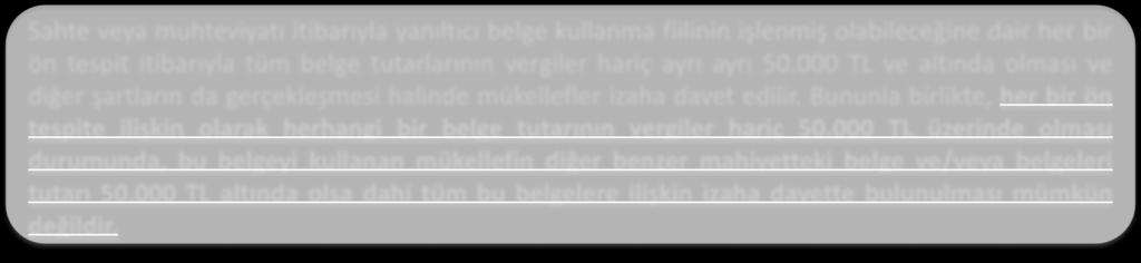 000 TL üzerinde olması durumunda, bu belgeyi kullanan mükellefin diğer benzer mahiyetteki belge ve/veya belgeleri tutarı 50.