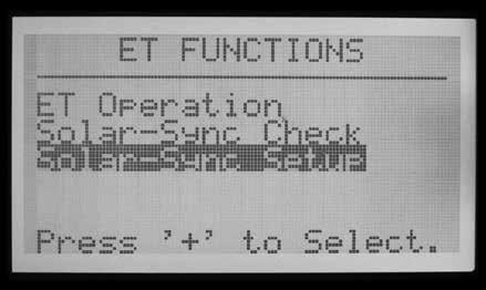 Ekranda ET Çalıstırılması sayfası gösterilir. ET Kullan seçenegini "Evet" ve ET Modunu "SOLAR SYNC" olarak belirleyin. ET Fonksiyonları menüsüne dönmek için GERI tusunua basın.