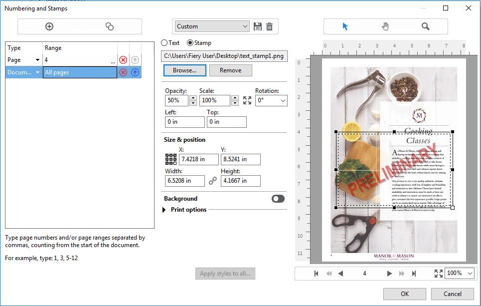 Fiery JobMaster'ın yeni özellikleri Görüntü damgalama Kullanıcılar artık, baskıya hazırlama işleminde belgelere şirket logosu, filigran ve grafik çizimi kolaylıkla ekleyebilir.