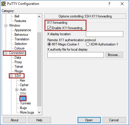 Daha sonra PuTTY üzerinden sol menüde yer alan seçeneklerden Connection altında SSH ardından X11 özelliğine gelinir ve Enable X11 forwarding seçeneği işaretlenir.