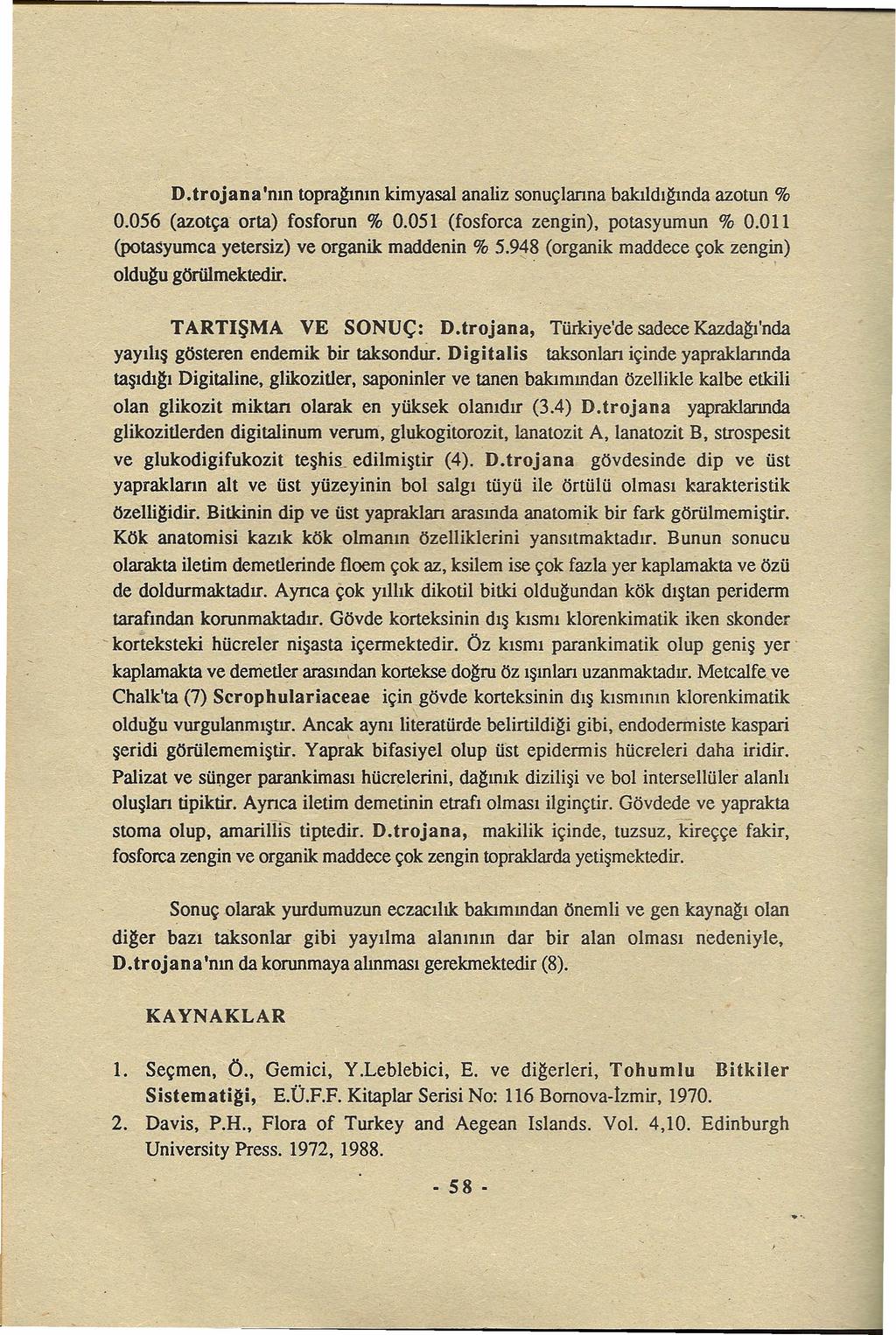 Dtrojana'nın toprağının kimyasal analizsonuçlarına bakıldığında azotun % 0056 (azotça orta) fosforun % 0051 (fosforca zengin), potasyumun % 0011 (potasyumca yetersiz) ve organik maddenin % 59~8