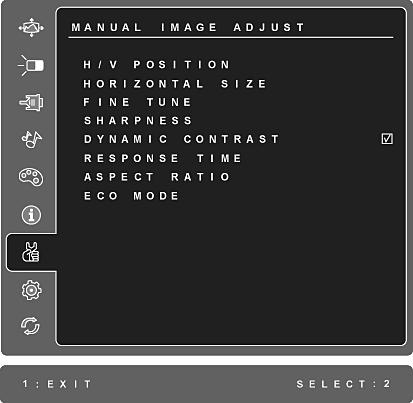 Kontrol Açıklamas Manuel Image Adjust (Manuel Görüntü Ayarı) Manuel Görüntü Ayar menüsünü gösterir. H./V. Position (Yatay/Dikey Konum) ekran görüntüsünü sola, sağa ve yukarı, aşağı kaydırır. H. Size (Yatay Boyut) ekran görüntüsünün genişliğini ayarlar.