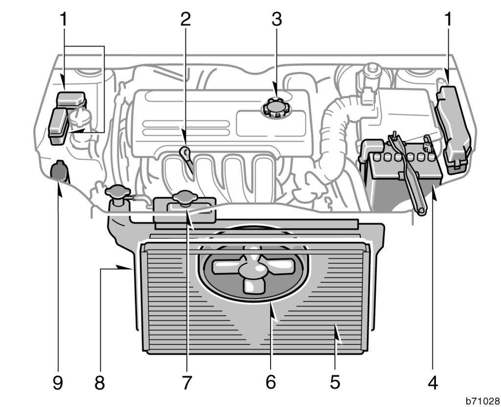 Motor kompartýmanýna genel bakýþ 3ZZ-FE ve 1ZZ-FE motorlar 1. Sigorta kutusu 2. Mo tor yaðý seviyesi ölçme çubuðu 3.