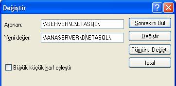 UPDATE SIRKET SET SIRDBLOCATION=REPLACE(SIRDBLOCATION,'C:\','D:\') INSTALL ĐŞLEMĐ Ana bilgisayarda program klasörü altında yer alan ETASQLINS programı Ekran 3 teki gibi çalıştırılır.