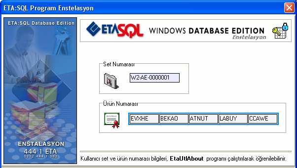 Ekran 4 : Ürün numarasının girileceği ekran Ekran 5 : EtaUtlAbout ekranı TERMĐNAL INSTALL ĐŞLEMĐ Terminal install işlemi için Ana makine install ekranı bekleme modunda iken diğer terminallerde de