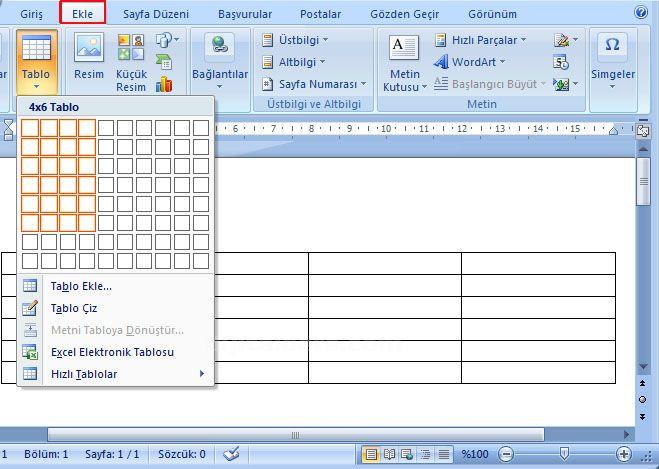 Office 2007 tablo araçları menüsü altındaki düzen menüsü Tablo düzen menüsüne girmek için ilk önce sayfaya
