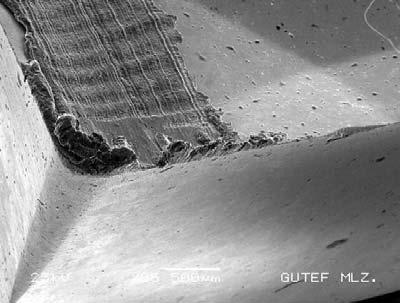 a) SEM view of chip face of the insert, b) The three-dimensional SEM view of the insert c) The three-dimensional SEM view of