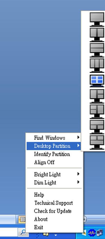 Exit (Çıkış) Desktop Partition (Masaüstü Bölümü) ve Display Tune (İnce Ayarları Göster) öğelerini kapatır.