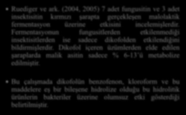 Ruediger ve ark. (2004, 2005) 7 adet fungusitin ve 3 adet insektisitin kırmızı şarapta gerçekleşen malolaktik fermentasyon üzerine etkisini incelemişlerdir.