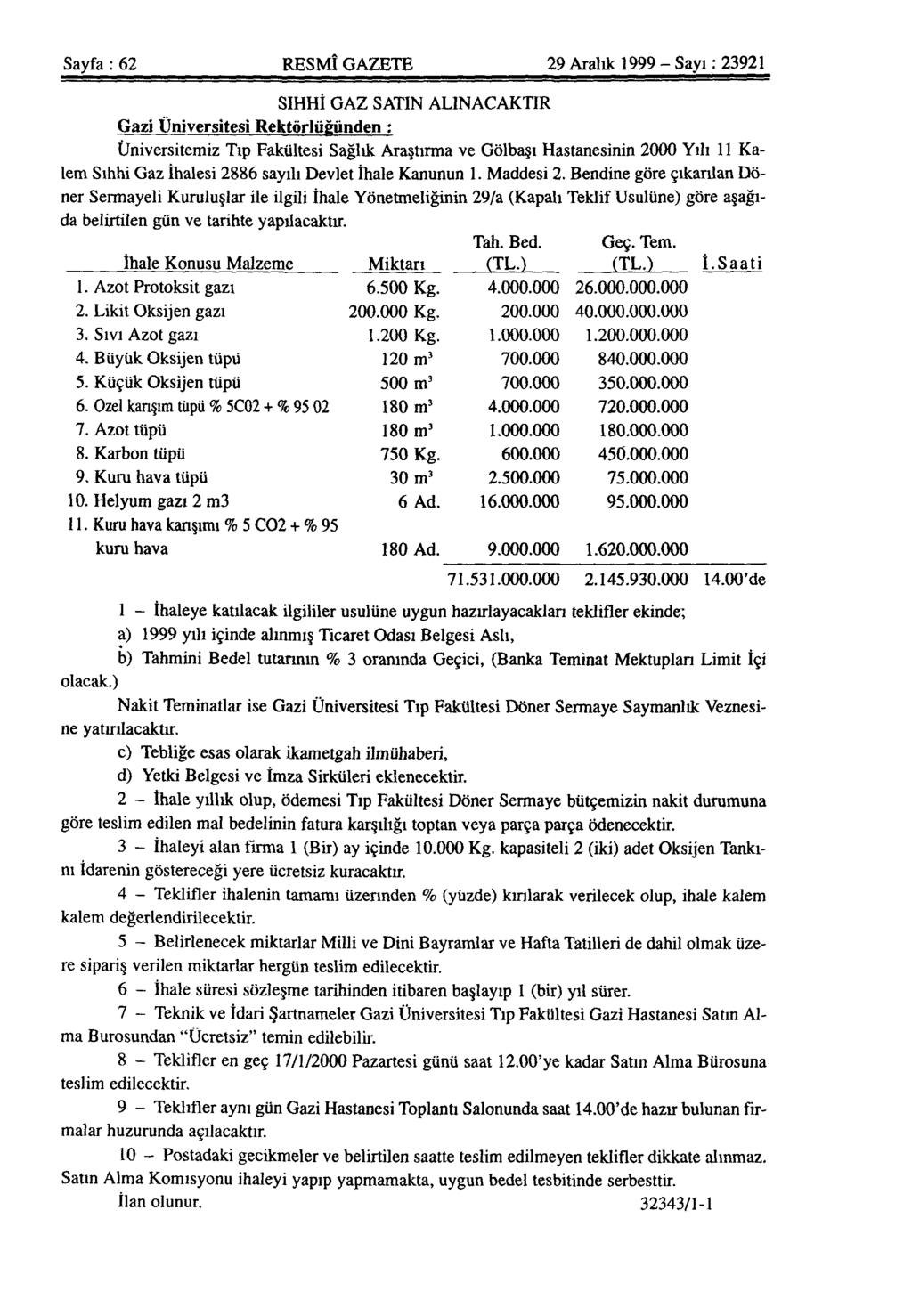 Sayfa : 62 RESMÎ GAZETE 29 Aralık 1999 - Sayı: 23921 SIHHİ GAZ SATIN ALINACAKTIR Gazi Üniversitesi Rektörlüğünden : Üniversitemiz Tıp Fakültesi Sağlık Araştırma ve Gölbaşı Hastanesinin 2000 Yılı 11