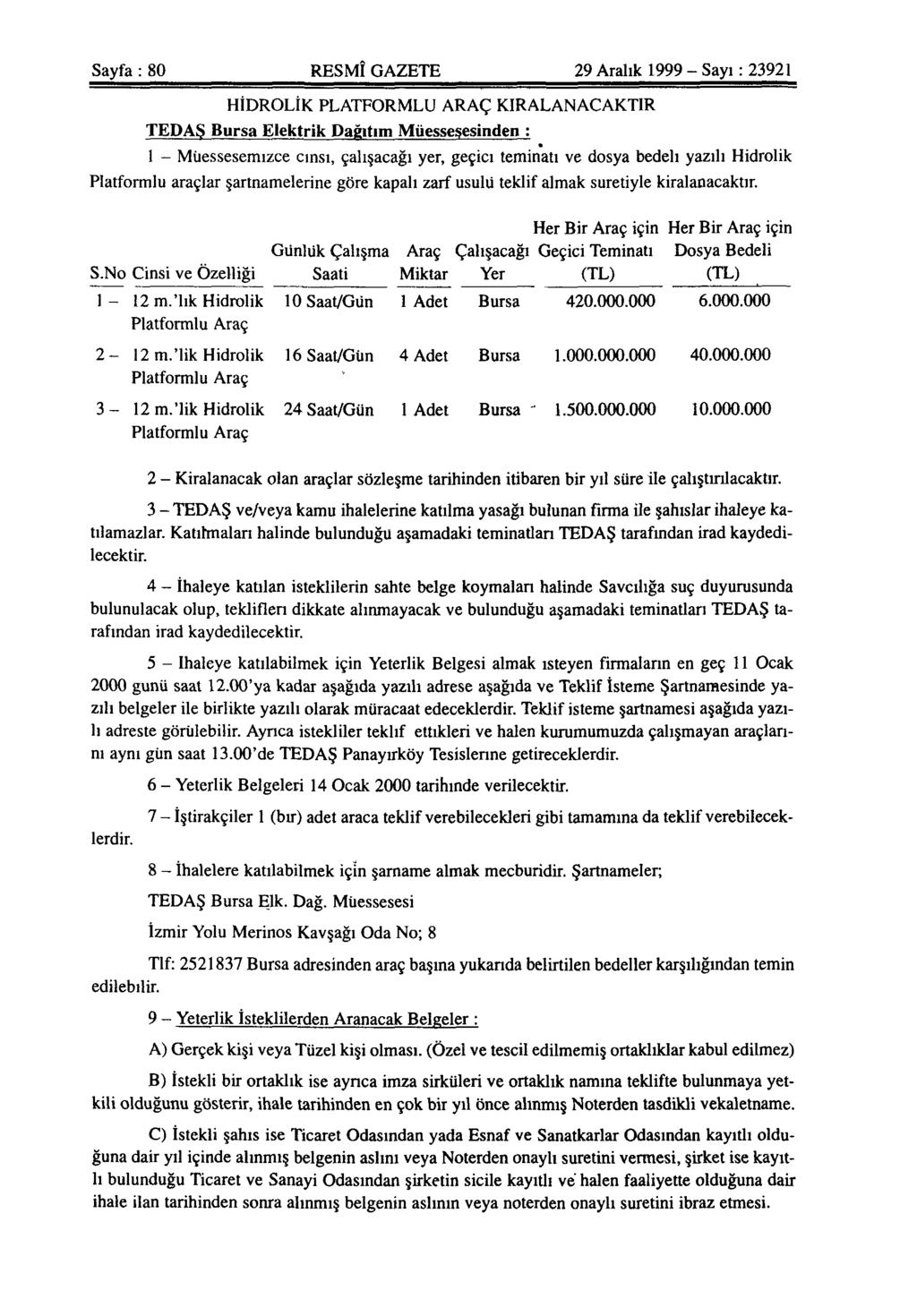 Sayfa : 80 RESMÎ GAZETE 29 Aralık 1999 - Sayı: 23921 HİDROLİK PLATFORMLU ARAÇ KİRALANACAKTIR TEDAŞ Bursa Elektrik Dağıtım Müessesesinden : 1 - Müessesemizce cinsi, çalışacağı yer, geçici teminatı ve