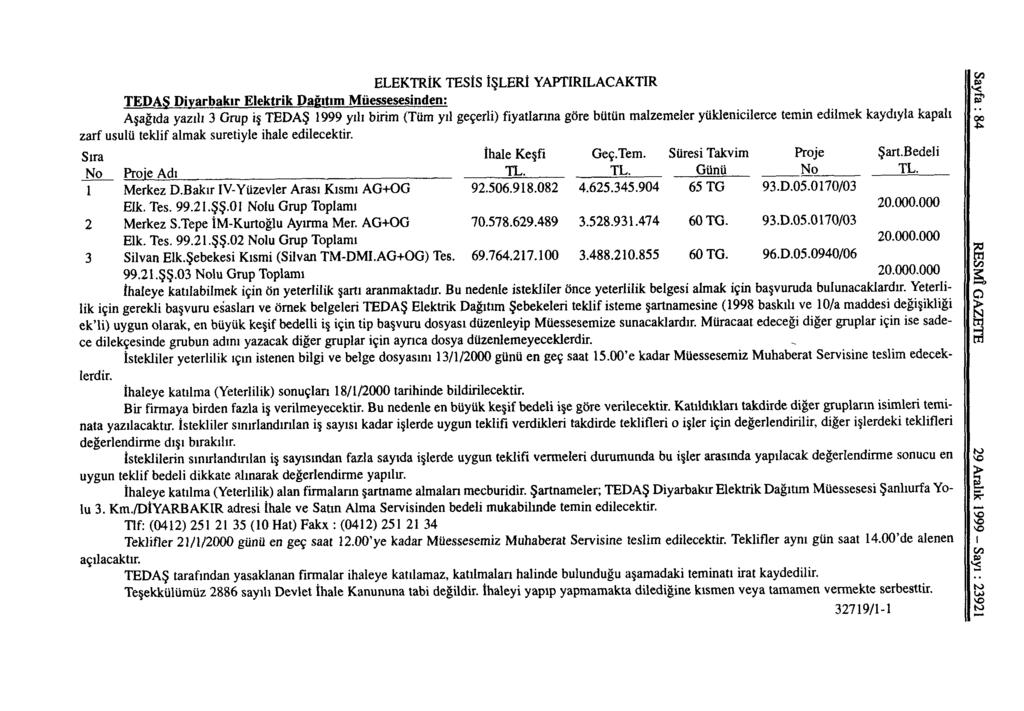 ELEKTRİK TESİS İŞLERİ YAPTIRILACAKTIR TEDAŞ Diyarbakır Elektrik Dağıtım Müessesesinden: Aşağıda yazılı 3 Grup iş TEDAŞ 1999 yılı birim (Tüm yıl geçerli) fiyatlarına göre bütün malzemeler