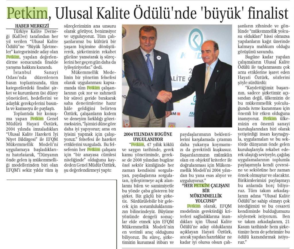 Petkim, Ulusal Kalite Ödülü ' nde ' büyük ' finalist Yayın Adı Ticaret Gazetesi Yayın