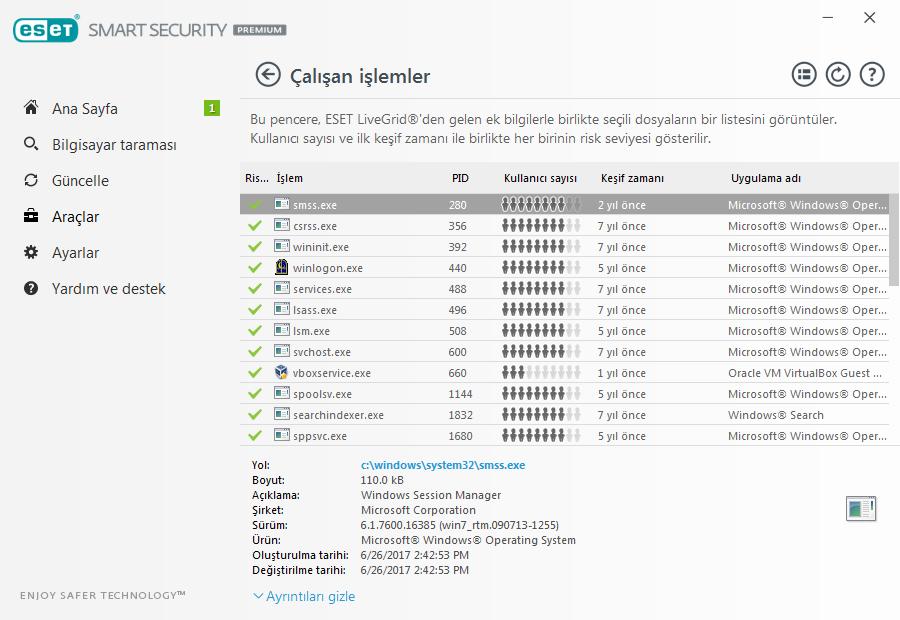 4.6.10.2 Çalışan işlemler Çalışan işlemler, bilgisayarınızda çalışan programları veya işlemleri görüntüler ve ESET'i hemen ve sürekli olarak yeni sızıntılarla ilgili bilgilendirir.