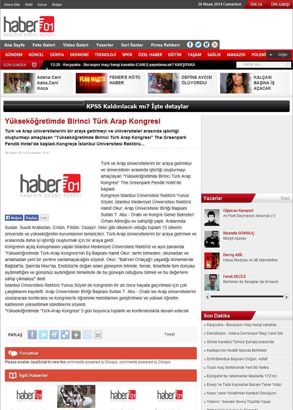 Portal Adres YÜKSEKÖGRETIMDE BIRINCI TÜRK ARAP KONGRESI : www.haber01.