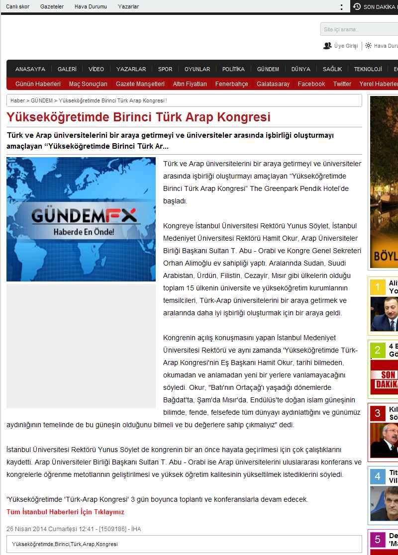 Portal Adres YÜKSEKÖGRETIMDE BIRINCI TÜRK ARAP KONGRESI : www.haberfx.