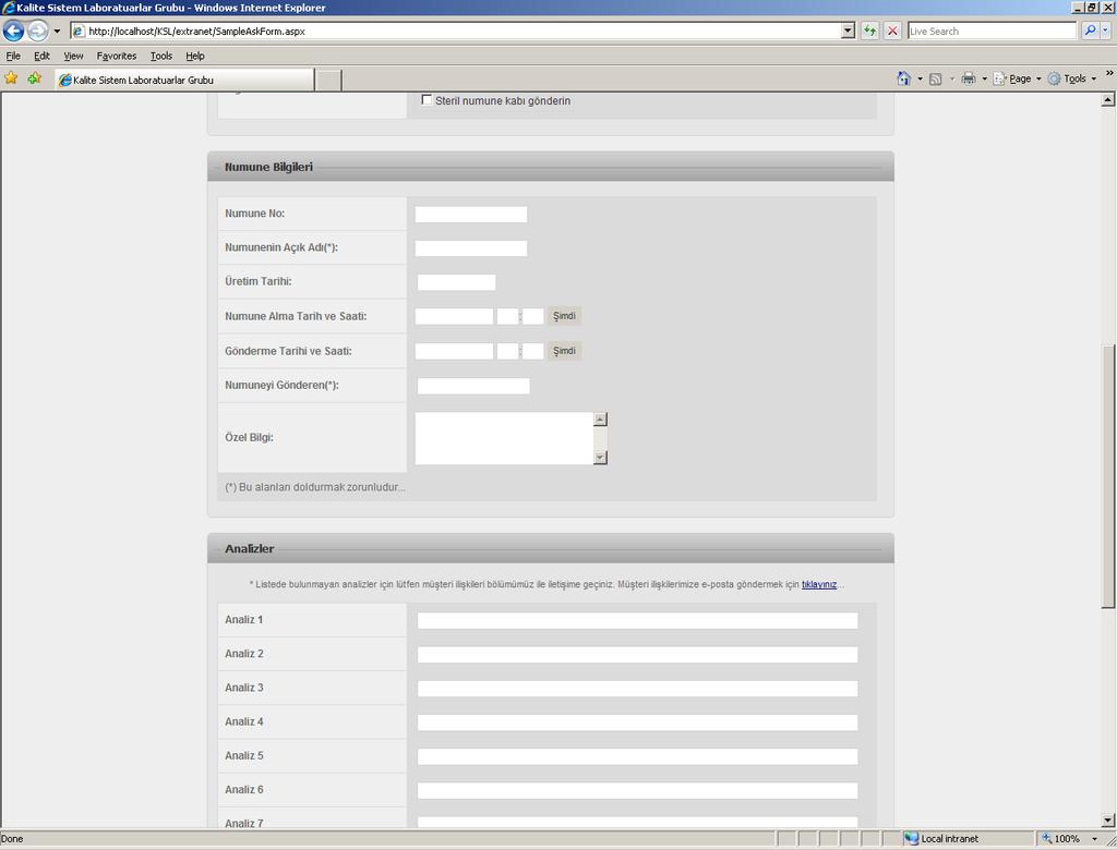 Şekil 13 - Analiz İstek 2 Analiz istek formunda