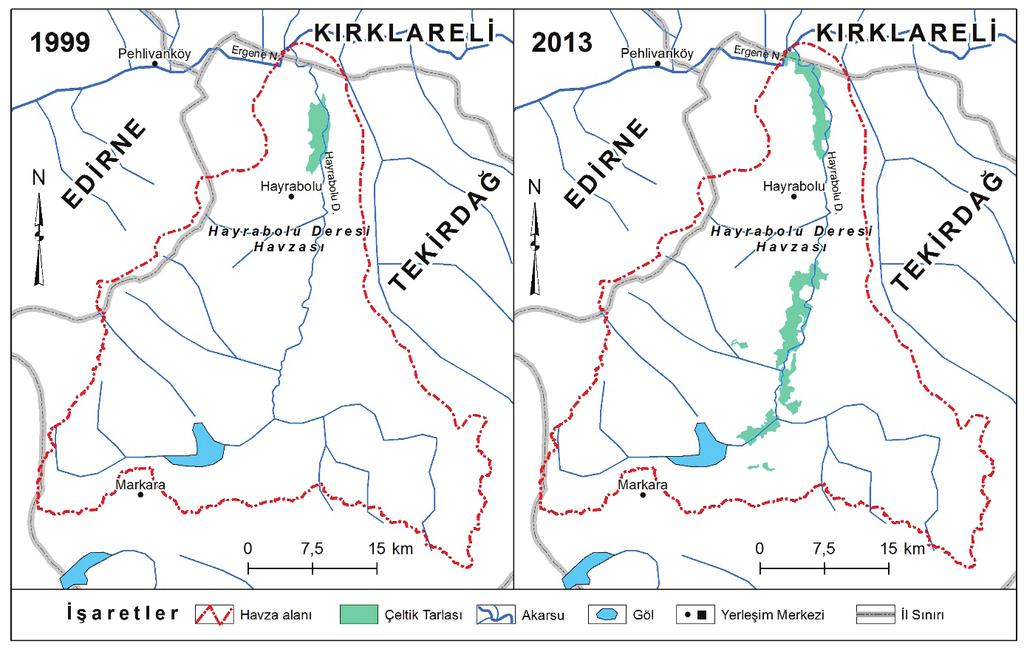 CBS Kullanılarak Çeltik Tarımı için Arazi Uygunluk Değerlendirmesi: Hayrabolu Deresi Havzası (Trakya Yarımadası) Örneği, Özşahin Şekil 3- Havza alanında çeltik tarlalarının 1999 ve 2013 yıllarındaki