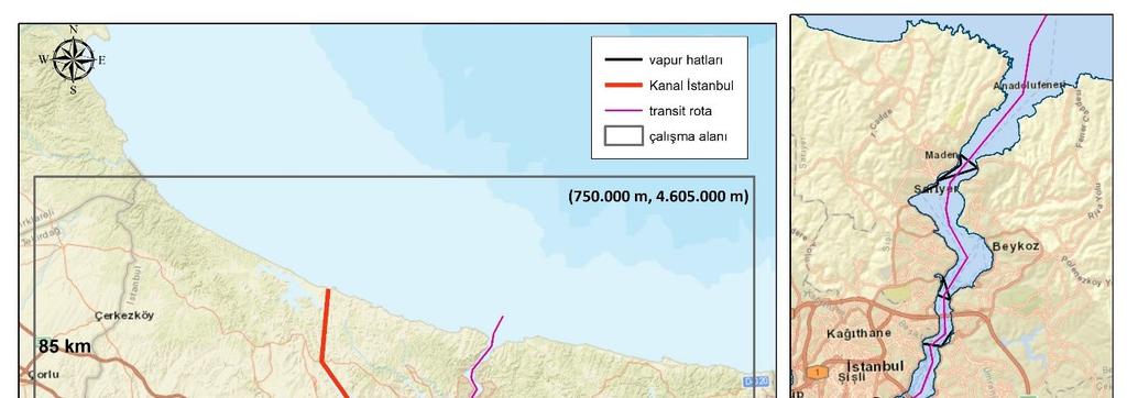 edilmiş olup Boğaz rotasının toplam 15 doğrudan (arc) oluştuğu belirlenmiştir. Bunun yanı sıra şehir içi hatlarda 58 ve kanalda 27 ayrı doğru tanımlanmıştır.