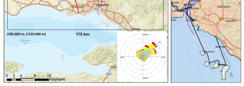 Modelleme için kullanılan çalışma alanı ve deniz yolu rotaları Çalışma sonuçlarına göre, İstanbul Boğazı nda transit yük gemileri ve şehir içi hatlarda çalışan taşıtların oluşturduğu deniz yolu