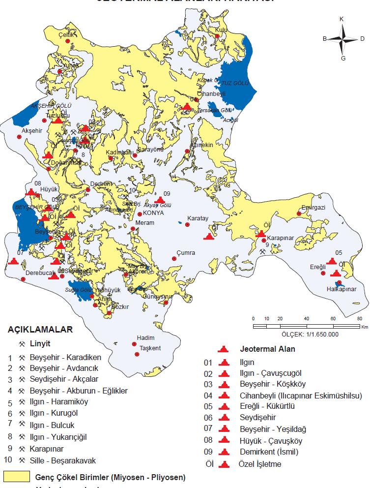 Konya ili Miyosen-Pliyosen yaşında gölsel kaya birimleri ile kömür sahaları ve sıcak su kaynakları haritası (MTA, 2009). Bazı linyit kömürleri bünyesinde arsenik içermektedir.