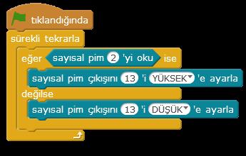 Dijital Pinlerden Değer Okuma Arduino ile dijital pinlerden akım verebildiğimiz gibi gelen akımları da